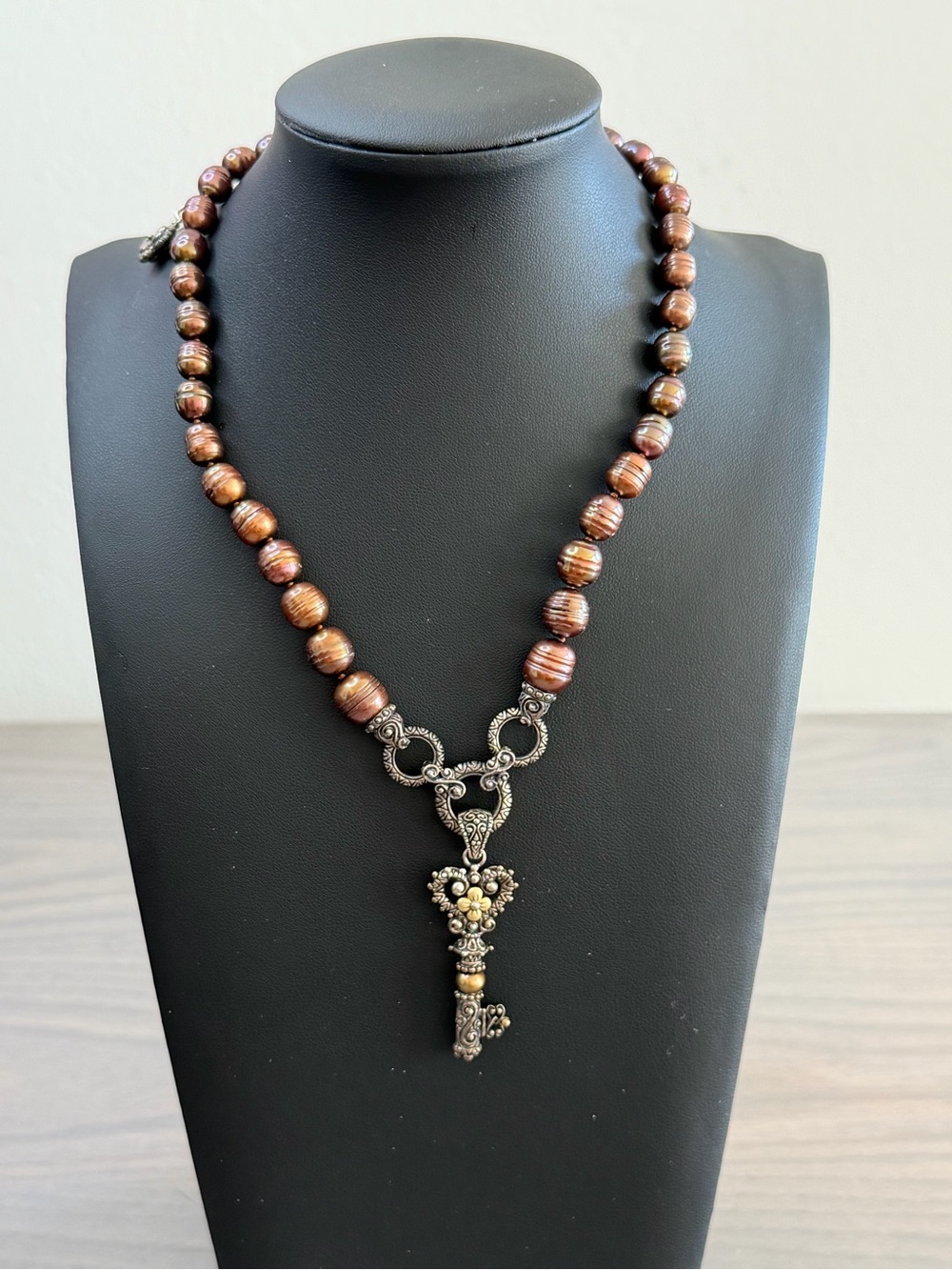 Barbara Bixby Sterling with 18k Gold Accents Choc Pearl Necklace w Key Pendant